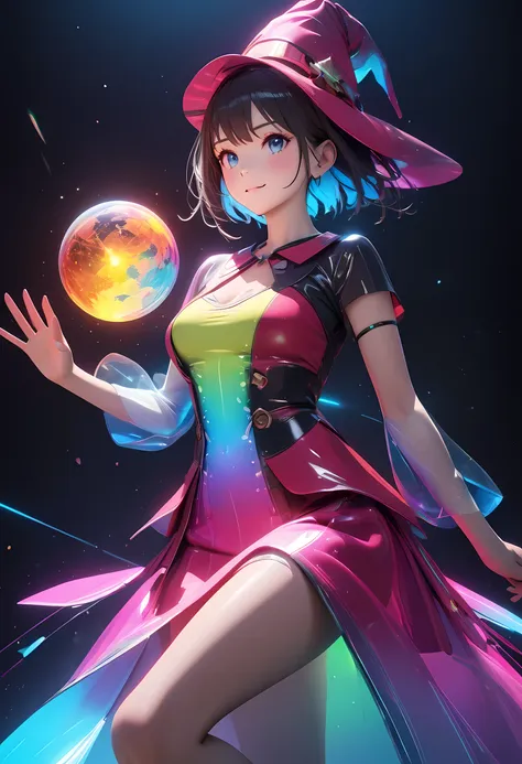 holography, draw in neon colors:1 girl:future:flying witch, transparent, three dimensional, light, sf, digital art, digital, sci...