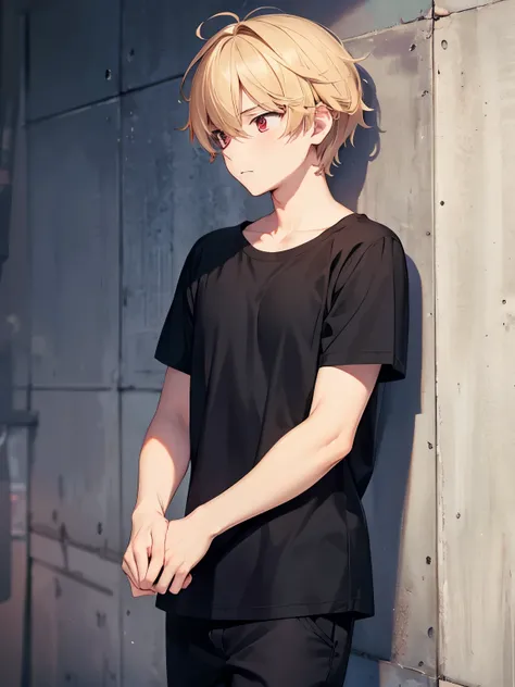 1boy, guy,18 years old,walking, looking away, short hair, blonde hair, messy hair, red eyes, worried expression, handsome, short black t-shirt, black trousers, ultra detail, ultra HD