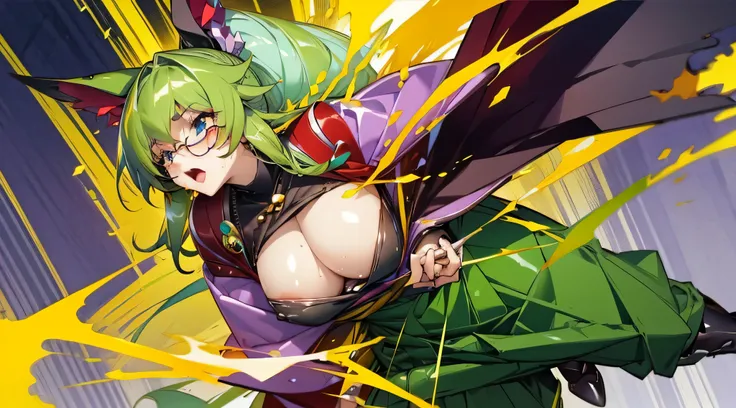 masterpiece、highest quality、NSFW、1girl , solo , huge breasts、deep cleavage、light green hair、ponytail、fox ears、brightly colored eyes、blue eyes、black glasses、green kimono、light purple long hakama、brown leather jacket、leather boots、flashy necklace、charm、Wet、f...