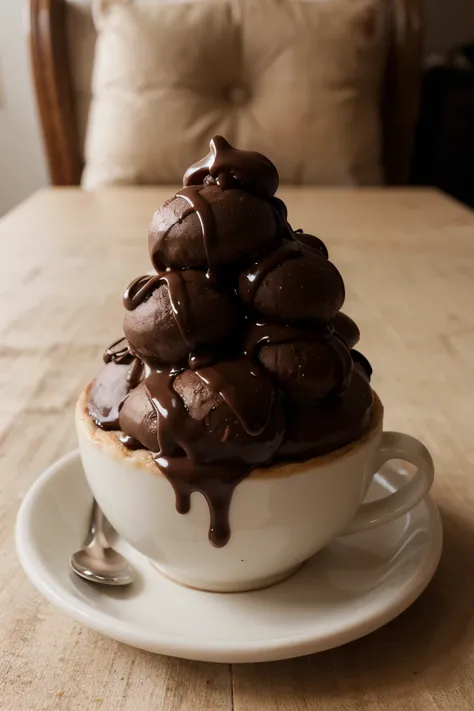 profiteroles in a coffee cup covered in chocolate and everything in the middle is a large photo