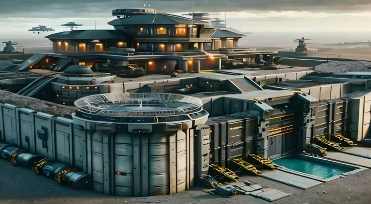 futuristic outpost building, futuristic base, futuristic production facility, dystopian setting, fortress megastructure city, Inside a futuristic military base, futuristic castle, sci-fi temple exterior, Future cloning facility, scifi base, Sci-fi setting,...