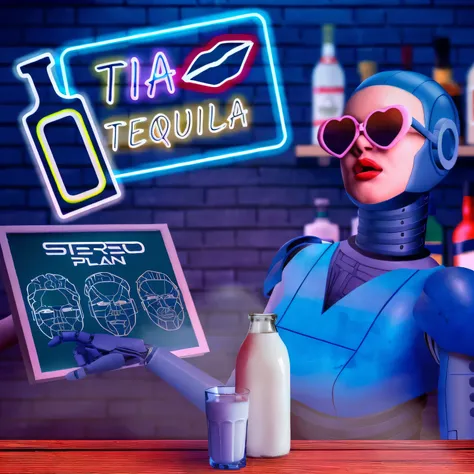 hay un robot sosteniendo un cartel que dice tia tequila, onda sintetizada art style ]!!, onda sintetizada art style, ( ( ( onda sintetizada ) ) ), [ onda sintetizada art style ]!! ]!!, [ onda sintetizada art style ]!!, anuncios ciberpunk, onda sintetizada ...