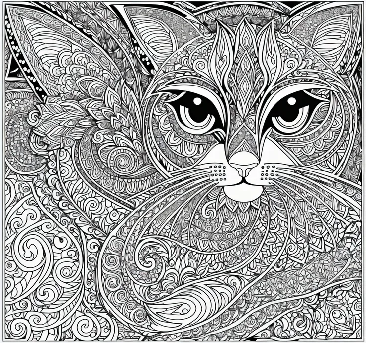 black and white drawing of a cat with a pattern on its face, detailed cat, Detailed rendering in 4K, design to gato, very detailed and hypnotic, Black & White Vector Graphics, detailed line drawing, hyper-detailed line art, detailed digital drawing, on a c...