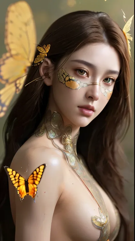 8k portrait of beautiful cyborg with brown hair, intricate, elegant, highly detailed, majestic, digital photography, art by artgerm and ruan jia and greg rutkowski surreal painting gold butterfly filigree, broken glass, (masterpiece, sidelighting, finely d...