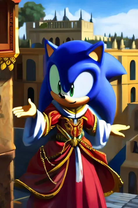 baroque art of sonic wearing jerusalem clothes, making prey hands pose, 8k