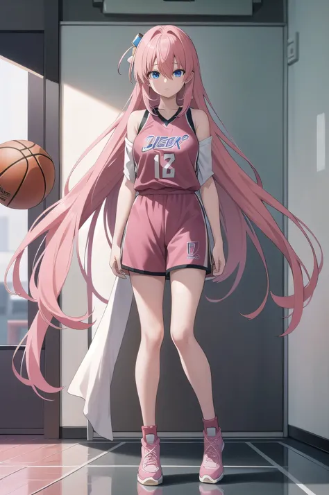 hitori gotho , pink hair, long hair, hair between eyes, blue eyes, cube hair ornaments , indoors , on the basketball court , duking , epic lighting , holding basketball and dunking , full body , pink basketball jersey , perfect anatomy , high res , unity 8...