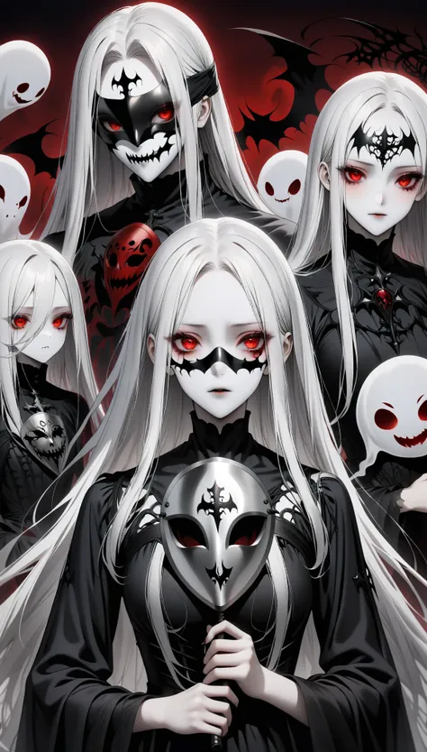 （holding a metal mask in hand：1.5），（white-haired ghost，straight hair，red eyes），（gothic art），（fear：1.5），（correct human anatomy：1....