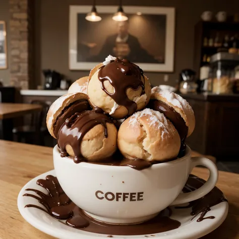 profiteroles in a coffee cup covered in chocolate and everything in the middle is a large photo, without people, front view, in a coffee shop without pictures and that there would be only three profiteroles in the cup and that the plate would be completely...