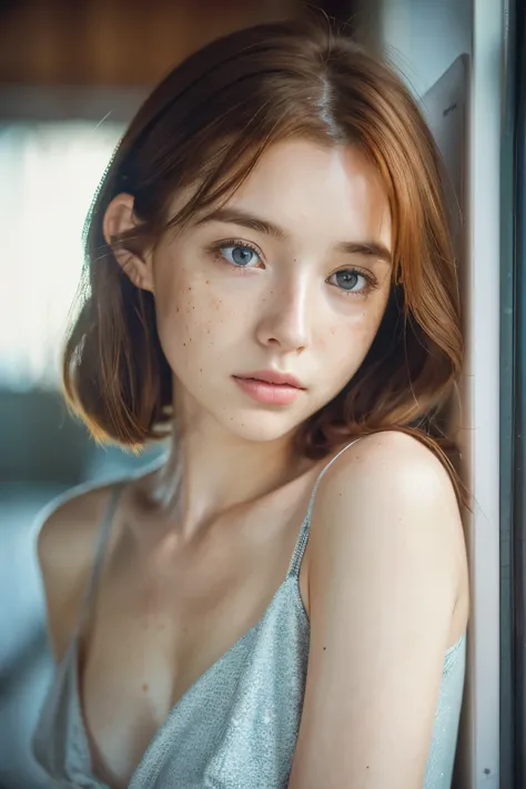 1 girl, 19 years old, alone, aesthetic artwork, irish redhead, wavy ginger hair, Shoulder length ginger hair, gray eyes, 明るいgray eyes, some small freckles, pale skin, cup, small breasts, runner body, (rough skin, skin pores:1.1), (mole:0.8), imperfect skin...