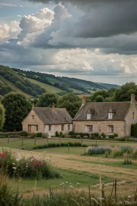 North west france countryside, impressionist masterpiece painting, cloudy weather, muted colors