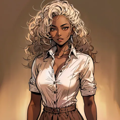 (best quality, masterpiece:1.2), Sketch full view of a hot looking dark brown skin 29 year old woman standing in front of us. She has brown eyes and long curly white hair. She has vampire fangs. She has a nice curve physique. She is wearing a solid slim bu...
