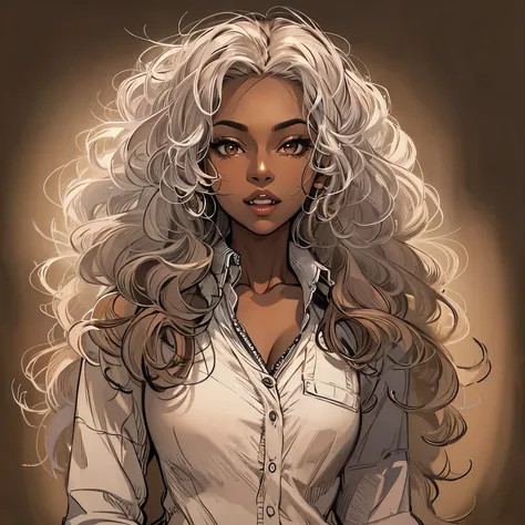 (best quality, masterpiece:1.2), Sketch full view of a hot looking dark brown skin 29 year old woman standing in front of us. She has brown eyes and long curly white hair. She has vampire fangs. She has a nice curve physique. She is wearing a solid slim bu...
