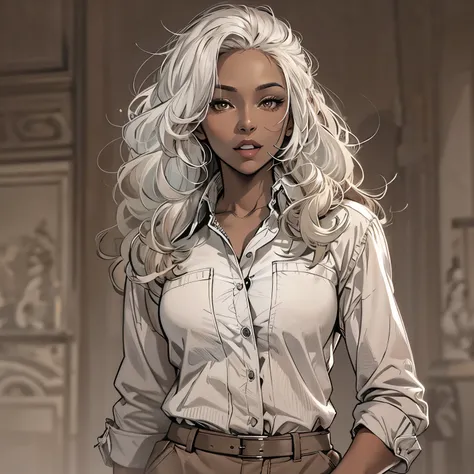 Create a high-quality sketch of a stunning 29-year-old woman with dark brown skin standing directly in front of the viewer. She has brown eyes, long curly white hair, and distinctive vampire fangs. Her physique is beautifully curved, and she is dressed in ...
