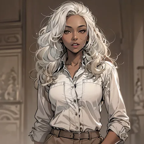 Create a high-quality sketch of a stunning 29-year-old woman with dark brown skin standing directly in front of the viewer. She has brown eyes, long curly white hair, and distinctive vampire fangs. Her physique is beautifully curved, and she is dressed in ...