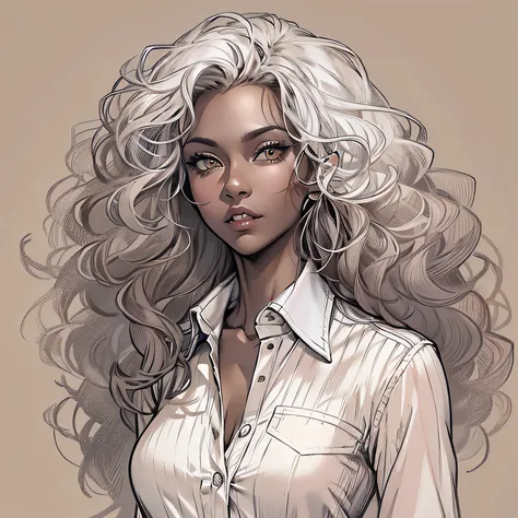 Create a high-quality sketch of a stunning 29-year-old woman with dark brown skin standing directly in front of the viewer. She has brown eyes, long curly white hair, and distinctive vampire fangs. Her physique is beautifully curved, and she is dressed in ...