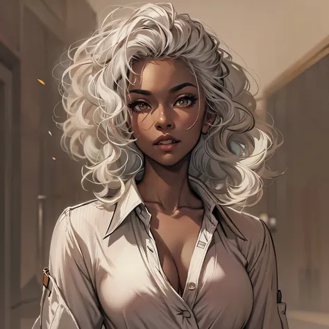 Create a high-quality sketch of a stunning 29-year-old woman with dark brown skin standing directly in front of the viewer. She has brown eyes, long curly white hair, and distinctive vampire fangs. Her physique is beautifully curved, and she is dressed in ...