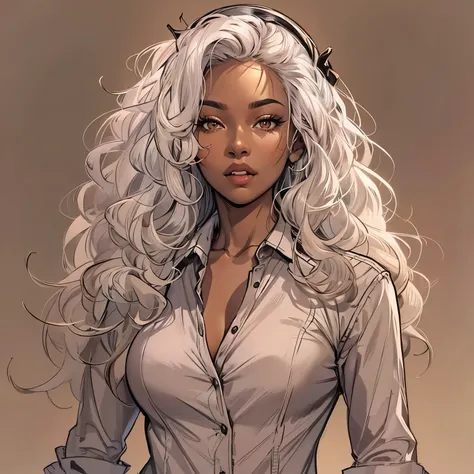 Create a high-quality sketch of a stunning 29-year-old woman with dark brown skin standing directly in front of the viewer. She has brown eyes, long curly white hair, and distinctive vampire fangs. Her physique is beautifully curved, and she is dressed in ...