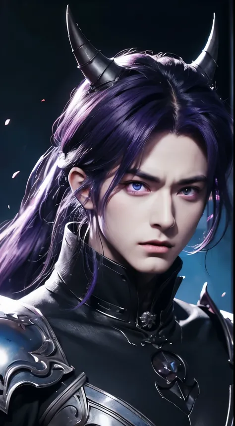 anime character with purple hair and glowing eyes in front of a dark background, handsome guy in demon slayer art, epic fantasy art style, badass anime 8 k, epic fantasy digital art style, detailed digital anime art, human male demon, portrait of hades, ep...