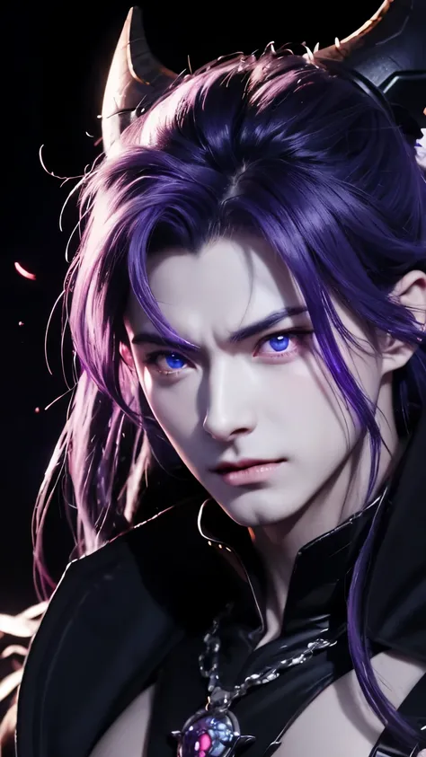 anime character with purple hair and glowing eyes in front of a dark background, handsome guy in demon slayer art, epic fantasy art style, badass anime 8 k, epic fantasy digital art style, detailed digital anime art, human male demon, portrait of hades, ep...