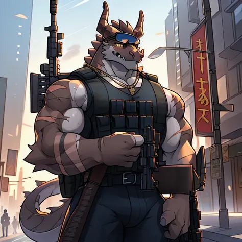 (dragon), two colors, There are scars on the face, Wearing sunglasses on head,The necklace hangs around the neck,(muscular body:1.3), There are scars on the face, Handsome, OK,(There are scars on the face), on the street,(Express),(city background),(There ...