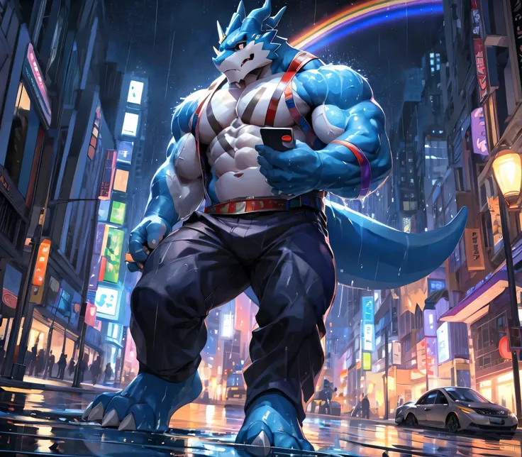 masterpiece,high quality,anime,detailed eyes, male exveemon, great physique,strong arms manly, in the city, walking in the park,...