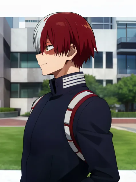 horikoshi kouhei, 1boy, bangs, blue eyes, blurry, blurry background, boku no hero academia, burn scar, closed mouth, coat, from side, gugugunogu, heterochromia, highres, jacket, multicolored hair, red hair, scar, scar on face, smile, solo, todoroki shouto,...