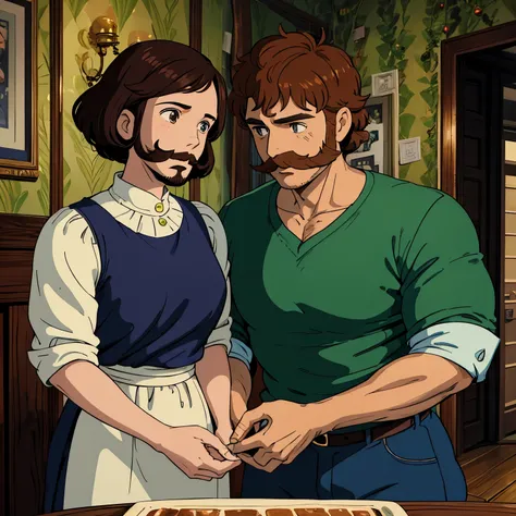 Creer moi deux personnages , brown boy with short hair, des yeux marron, une moustache et  barbe, et un grand sourire ; and a girl with short curly bob brown hair, des yeux bleus, ils sont en couples et ils sont habillés en sweat vert 