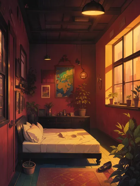 coz room with glass windows, city visible, fairylights, night time, leafy plant pots, skyscrapers visible from window, ghibli style, festive lights, vibrant colors, intrinsic details, king size bed, indoors, high contrast, saturated tones, red walls, thick...