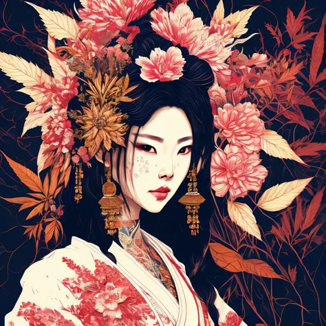 Astonishingly intricate and highly detailed, the stunning cannabis geisha stands as the centerpiece of the composition. Serving as the cannabis key visual, she captivates viewers with her breathtaking beauty and undeniable allure. The precise lineart outli...