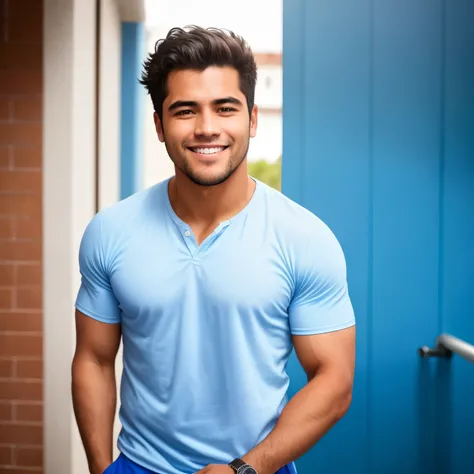 Homem sorridente, camisa branca e shorts azul claro, Boy at the gym, Gym caricature, Gym gag, Meme do Boy at the gym, Chico animado, Estilo animado 3D, Chico musculoso, low angle, Detalhes aparentes, He didn&#39;t touch, Luxo, cinematic lighting, Sangue a ...