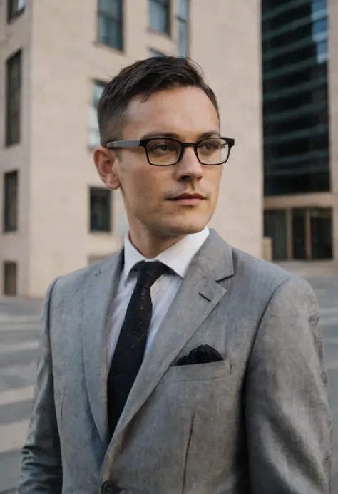 man standing, wearing a suit, looking forward, short hair, glasses, in the background a building