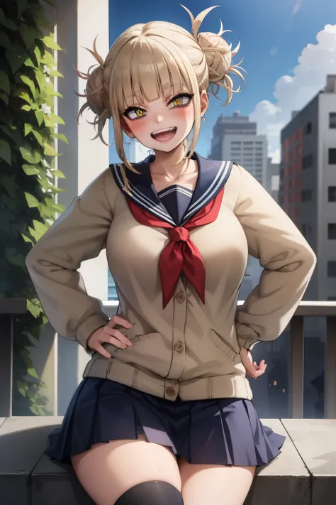 HimikoU1, 1girl, solo, bangs, blonde hair, yellow eyes, blunt bangs, hair bun, double bun, sidelocks, messy hair, looking at viewer, smile, blush, bags under eyes, teeth, , sailor collar, open mouth, serafuku, fangs, breasts, big breasts, cardigan, narrowe...