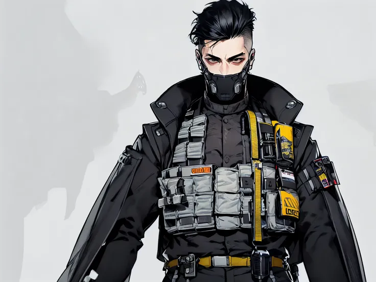 post-apocalypse, Doomsday wasteland style, concept art, character painting, 1boy, male focus, detailed hands, black hair, punk haircut, white background, bulletproof vest, holding, military vest, business suit, solo, standing, horror, science fiction, simp...