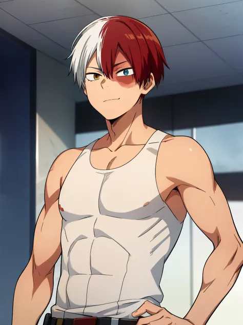 Highres, Masterpiece, Best quality at best,High-quality illustrations, Best Quality,hight quality, horikoshi kouhei, 1boy, Boy, Todoroki shouto, bangs, blue eyes, blurry, Blurry background, boku no hero academia, burn scar, closed mouth, Tank top, Slim bod...
