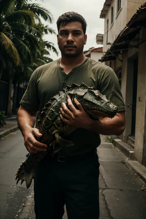 A MAN WITH A BIG CAIMAN IN HIS HANDS, CINEMATOGRAPHIC