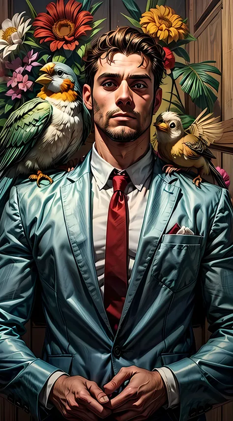 A man with just one baby bird on shoulder