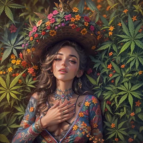 Top quality, masterpiece, super high resolution, ((Photorealistic: 1.4), raw photo, 1 beautiful girl buried in cannabis, ((portrait)), shiny skin, (super realistic details)), Cannabis and cocaine covering limbs, drug education. Beautiful woman with tongue ...