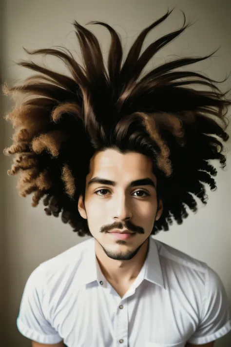 tem um homem de bigode e camisa branca, imagem frontal, cara suada, cerca de 19 anos, rosto realmente detalhado, foto de retrato 8k, rosto altamente detalhado, sardas no rosto, rosto largo barbeado e limpo, corte de cabelo cacheado com parte do meio, Fotog...