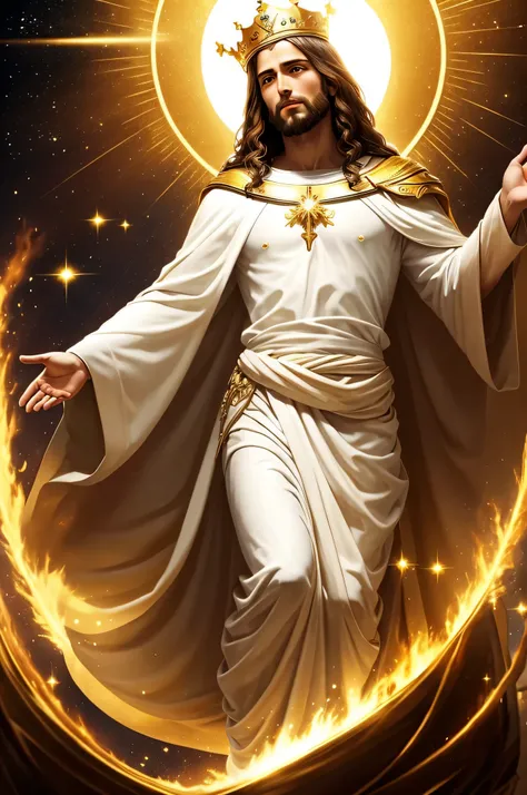 jesus christ, descending from heaven shining with glory and power, with a golden crown on his head, white cloak with gold detail...