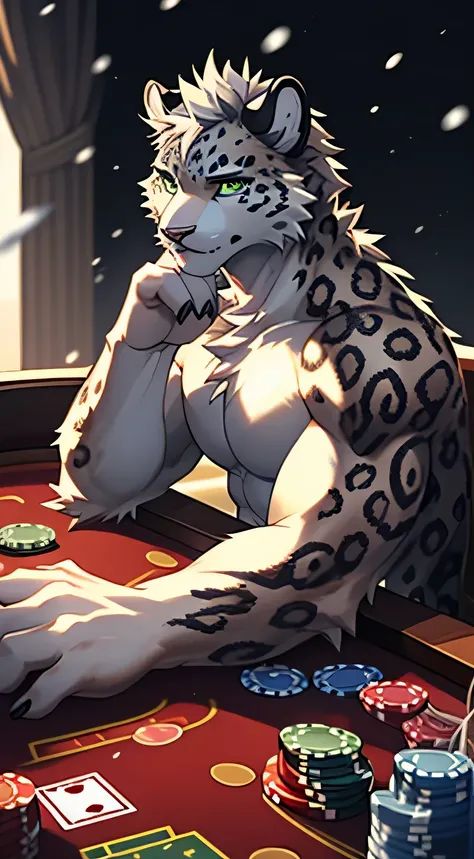 Cai Xukun&#39;male, hairy, snow leopard, alone, Handsome，white fur, green eyes, (Realistic eye details 1.2), Bare bottom, Texas Hold&#39;em Masterpiece, dramatic lighting, soft light, casino background, Very detailed, 