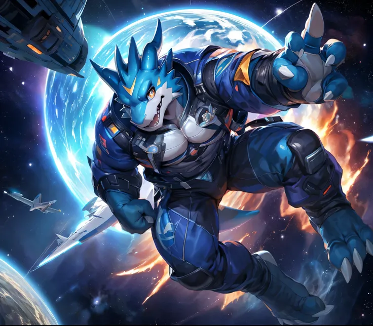 masterpiece,high quality,anime,detailed eyes, male exveemon, great physique,strong arms manly, flying in space, airplanes, space...