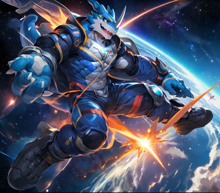 masterpiece,high quality,anime,detailed eyes, male exveemon, great physique,strong arms manly, flying in space, airplanes, space...