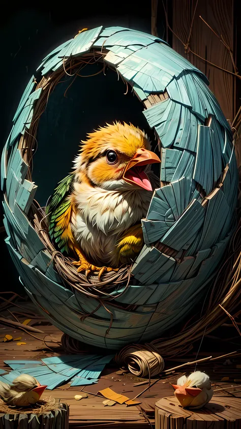 A baby bird in the nest, with the beak open