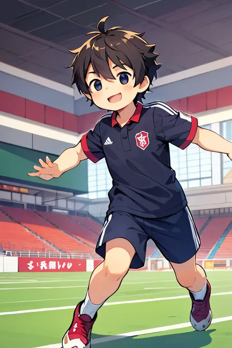 Illustration of an elementary school boy、Japanese、cute、short black hair、smile、playing soccer、Soccer jersey、Football Stadium、soccer ball