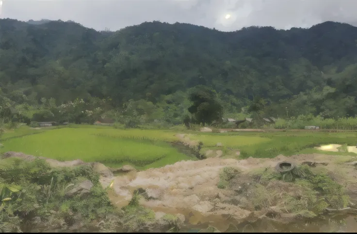 there is a small stream running through a field with a mountain in the background, paddy fields and river flowing, malaysia with a paddy field, village in the background, jungles in the background, moutain in background, jungle in background, lush scenery,...