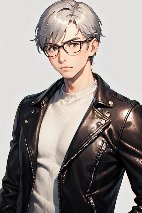 30s, man, mister, Tough impression, short silver hair, glasses, cynical expression, neat background, leather jacket