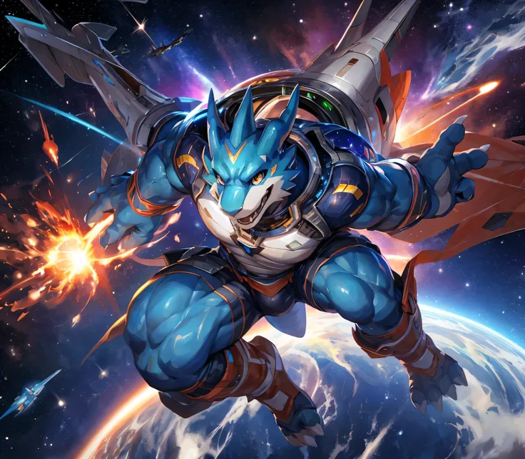 masterpiece,high quality,anime,detailed eyes, male exveemon, great physique,strong arms manly, flying in space, battle, war airp...