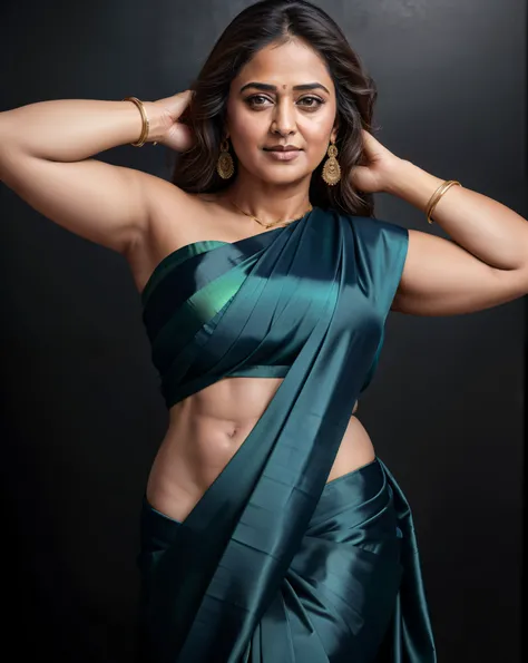 50yo mature MILF Anushka Shetty,((best quality)), ((masterpiece)), ((realistic)), Medusa, full body, the hair  composed of countless small snakes, green eyes, female face,metal carved top, royal aura, trend on artstation , sharp focus, studio photo, intric...