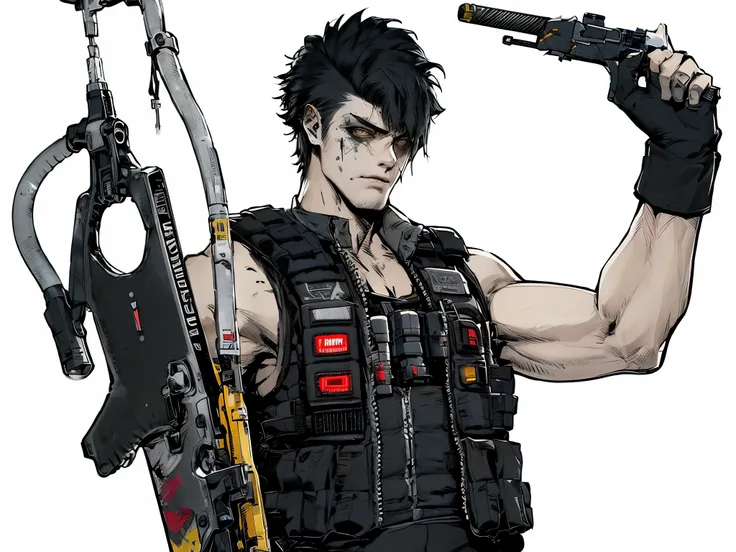 post-apocalypse, Doomsday wasteland style, concept art, character painting, 1boy, solo, male focus, correct hands, detailed hands, detailed body, detailed face, black hair, punk haircut, white background, bulletproof vest, holding, military vest, business ...