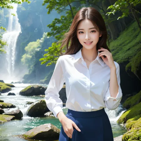 (highest quality、table top、8K、best image quality、Award-winning work)、1 young girl、(Polyester shirt with perfect collar:1.1)、(navy skirt:1.1)、(standing elegantly:1.1)、(feminine hairstyle:1.1)、accurate anatomy、(Beautiful river in a mysterious forest:1.1)、gir...